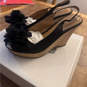 CL by Laundry Black Floral Cork Wedge Slingbacks